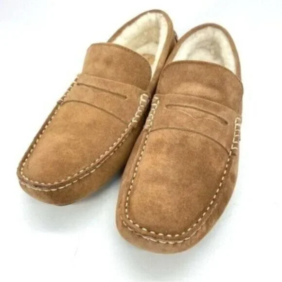 Mens Shearling Moc Toe Loafer Slippers Tan Suede Size 8 New